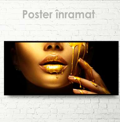 Постер - Золотые губы и потеки, 90 x 30 см, Холст на подрамнике