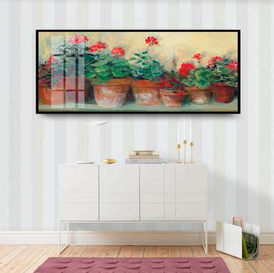 Постер - Горшки с красными цветами на подоконнике, 90 x 45 см, Постер в раме