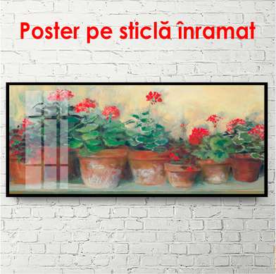 Постер - Горшки с красными цветами на подоконнике, 90 x 45 см, Постер в раме