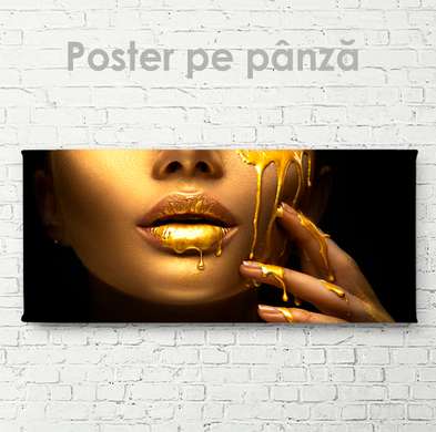 Poster - Buze și picături de aur, 90 x 30 см, Panza pe cadru