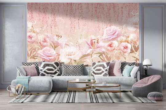 Fototapet - Compoziție din flori roz Crini și trandafiri
