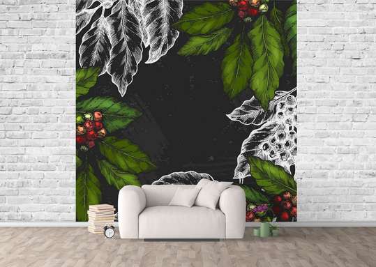 Wall Mural - Green and white leaves on a black background