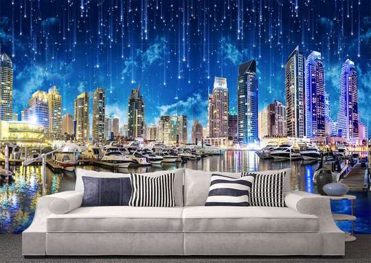 Wall Mural - Night blue city on the water.