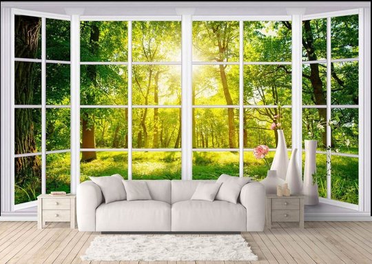 Фотообои, Белое окно с видом на зеленые деревья.