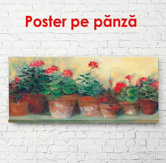 Постер, Горшки с красными цветами на подоконнике, 90 x 45 см, Постер в раме