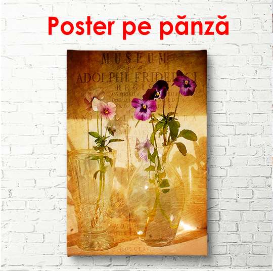 Постер - Фиолетовый весенние цветы в вазе на столе, 60 x 90 см, Постер в раме, Прованс