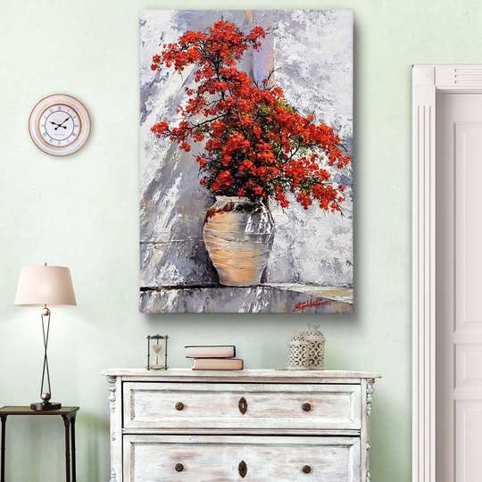 Постер - Красные цветы в вазе, 30 x 45 см, Холст на подрамнике, Цветы