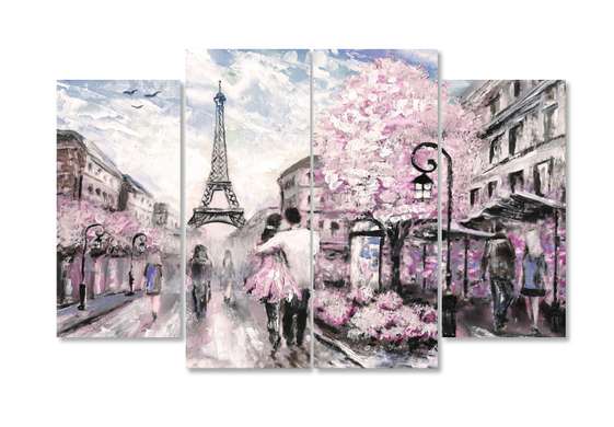 Tablou Multicanvas, Cuplu îndrăgostit în Parisul de primavara, 198 x 115, 198 x 115