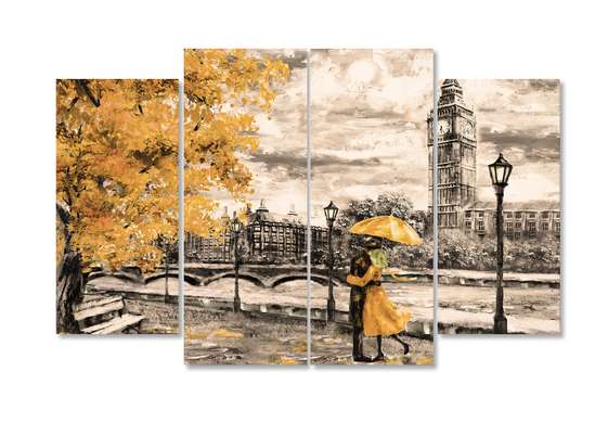 Modular painting, Couple in love in rainy London, 198 x 115