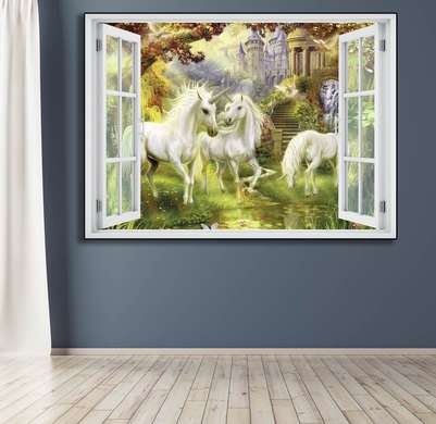 Stickere pentru pereți - Fereastra cu vedere spre o grădină cu unicorni, 130 х 85