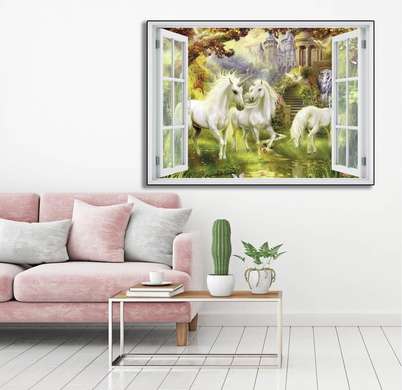 Stickere pentru pereți - Fereastra cu vedere spre o grădină cu unicorni, 130 х 85
