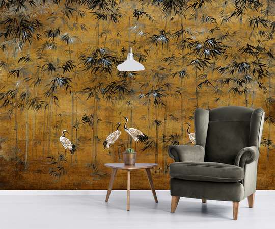 Wall Mural - White birds and bamboo plant in vintage style