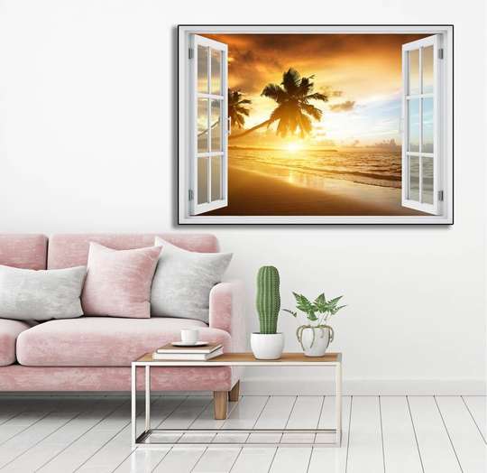 Stickere pentru pereți - Fereastra cu vedere spre o plajă cu palmieri, 130 х 85