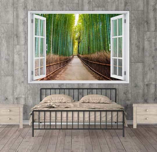 Наклейка на стену - Окно с видом на бамбуковый лес, 130 х 85