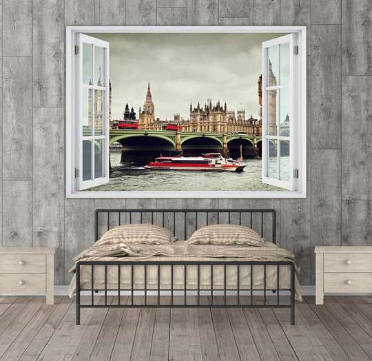 Наклейка на стену - Окно с видом на лодку в Лондоне, Имитация окна, 130 х 85