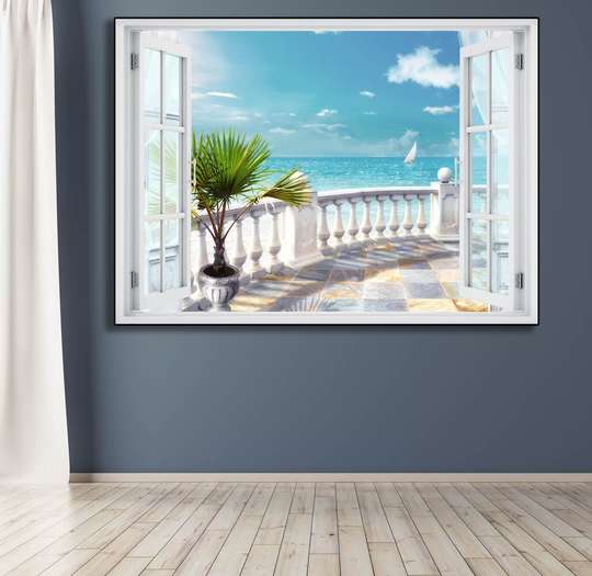Наклейка на стену - Окно с видом на балкон с видом на море, 130 х 85