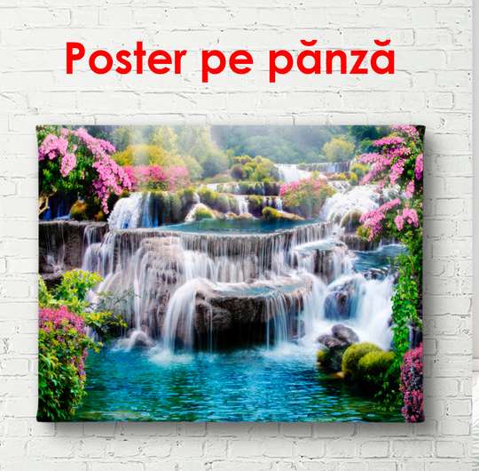 Постер - Фиолетовые цветы возле водопада, 90 x 60 см, Постер в раме, Природа