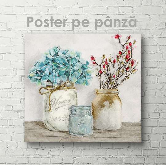 Постер - Яркие цветы в вазах, 40 x 40 см, Холст на подрамнике, Цветы
