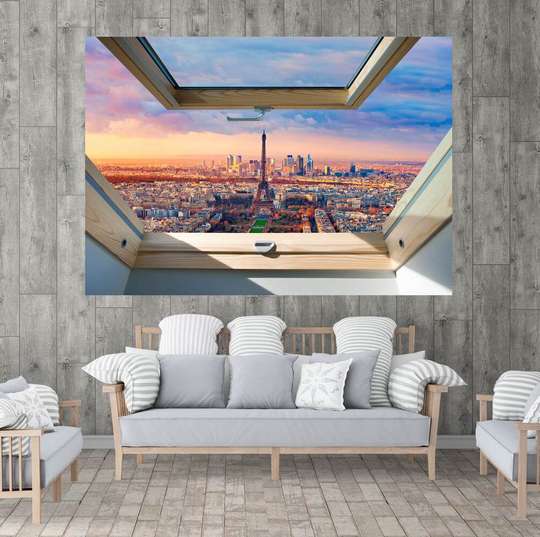 Наклейка на стену - 3Д окно с видом на розовое небо в Париже, 130 х 85