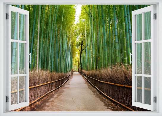 Stickere pentru pereți - Fereastra cu vedere spre o pădure de bambus, 130 х 85