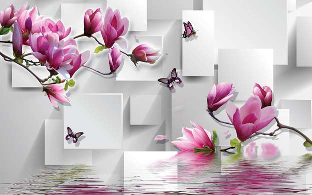 Fototapet 3D - Magnolie roz și fluturi