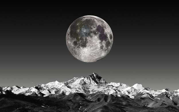 Wall Mural - Black and white landscape with moon over mountains
