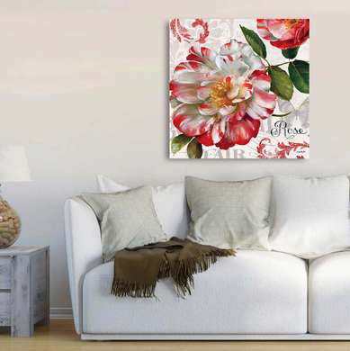 Постер - Красно белый винтажный цветок, 40 x 40 см, Холст на подрамнике