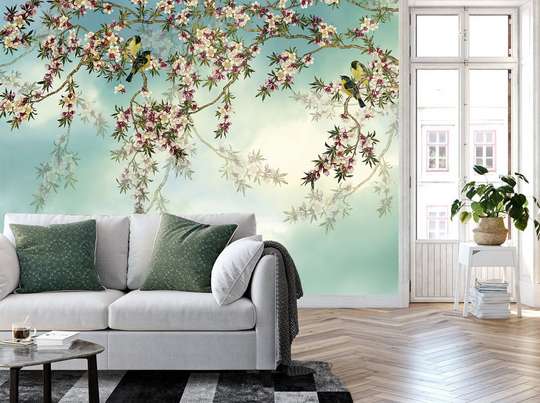 Wall Mural - Twigs with flowers, birds and blue sky