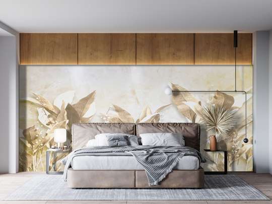Wall Mural - Golden leaves on a beige background