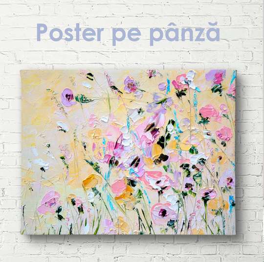 Постер - Картина цветочного поля в масляных красках, 45 x 30 см, Холст на подрамнике, Ботаника