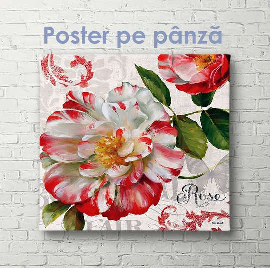 Постер, Красно белый винтажный цветок, 40 x 40 см, Холст на подрамнике