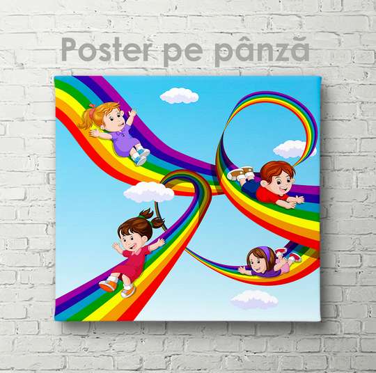 Постер - Дети и радуга, 40 x 40 см, Холст на подрамнике, Для Детей