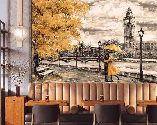 Wall Mural - Couple in love in rainy London