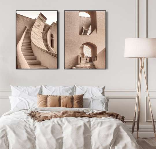 Poster - Architectural elements in beige shades, 60 x 90 см, Framed poster on glass, Sets