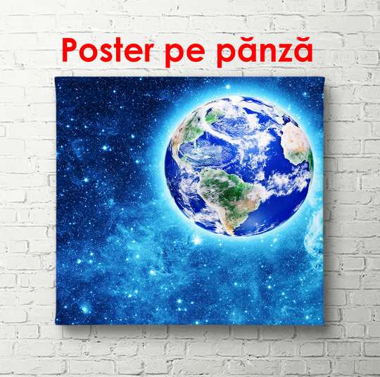 Poster - Earth against the background of a blue galaxy, 100 x 100 см, Framed poster, Nature