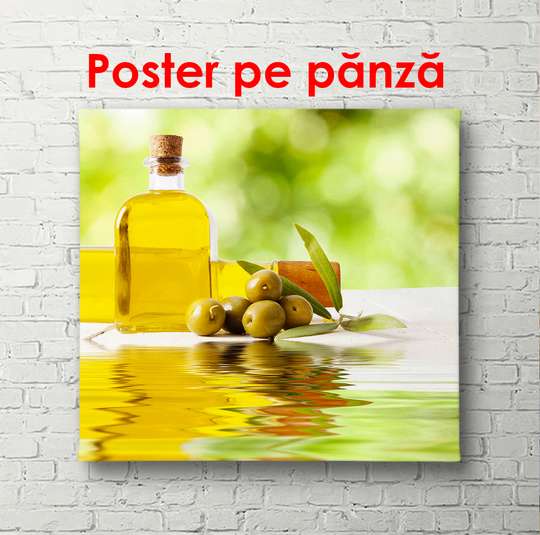 Poster - Glass bottle with olive oil, 100 x 100 см, Framed poster, Food and Drinks