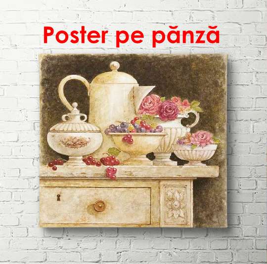 Постер - Чайный сервиз на столе, 100 x 100 см, Постер в раме, Прованс