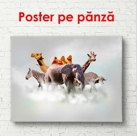 Постер - Африканские животные в облаках, 90 x 60 см, Постер в раме, Фэнтези