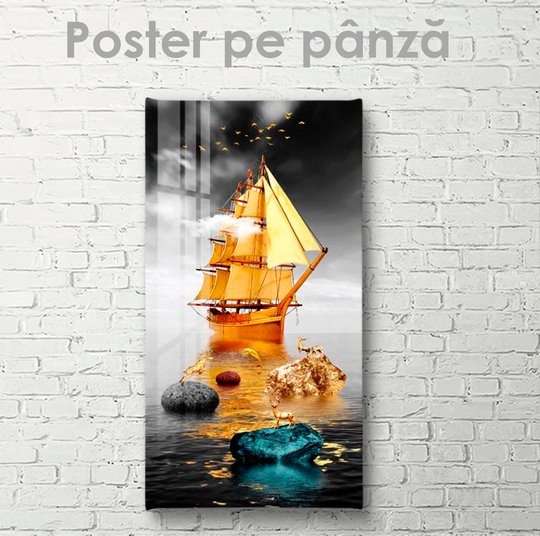 Постер, Золотой корабль, 30 x 60 см, Холст на подрамнике