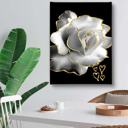 Постер - Белая роза с золотым контуром, 30 x 45 см, Холст на подрамнике