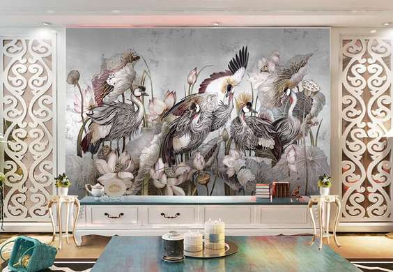 Wall Mural - Graceful birds on a gray background