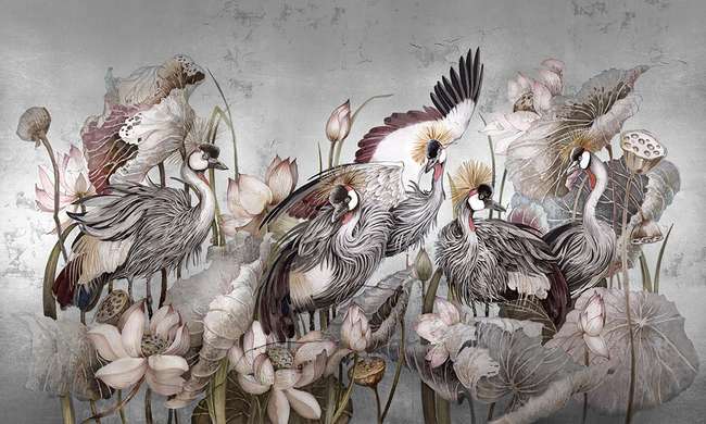 Wall Mural - Graceful birds on a gray background