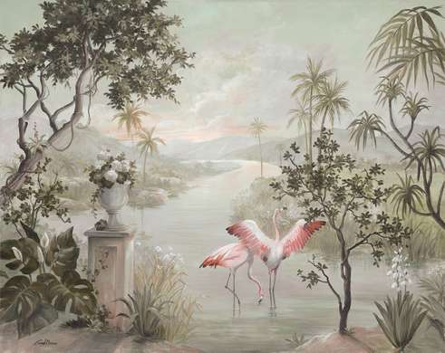 Fototapet - Flamingo în jungla verde