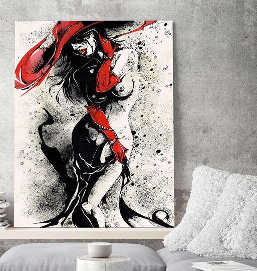 Постер - Дама в красной шляпе, 30 x 45 см, Холст на подрамнике, Живопись