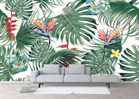 Wall Mural - Green tropical leaves with flowers