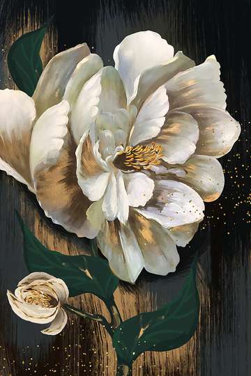 Poster - White flower with golden notes, 30 x 45 см, 30 x 60 см, Canvas on frame, Flowers