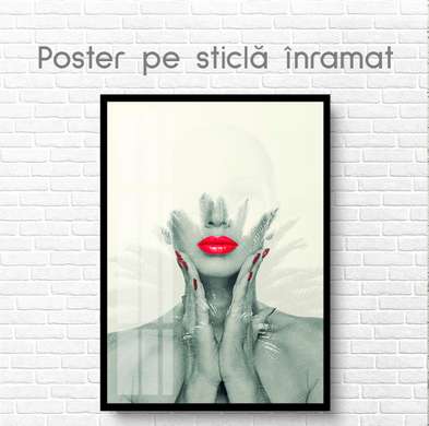 Poster - Fata cu buze stacojii, 30 x 45 см, Poster inramat pe sticla