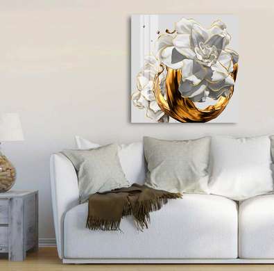 Poster - Floare albă cu aur lichid, 40 x 40 см, Panza pe cadru