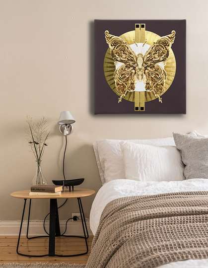 Постер - Золотая бабочка на коричневом фоне, 40 x 40 см, Холст на подрамнике, Гламур