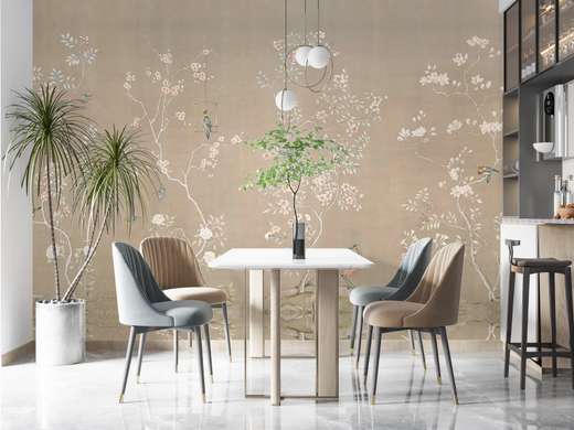 Wall Mural - Delicate landscape with flowers and birds